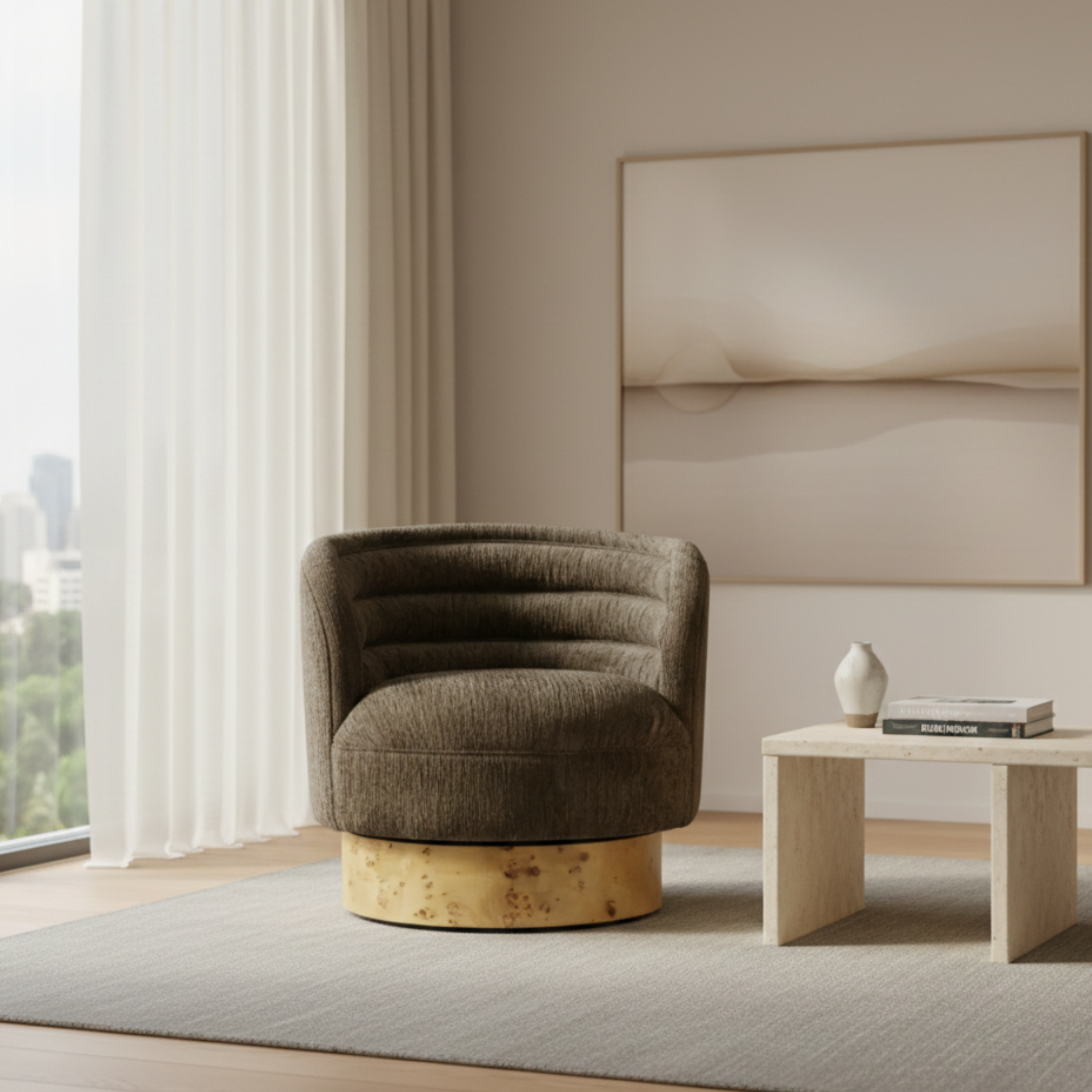 Lulah Swivel Chair With Burl Veneer Base - Chocolate