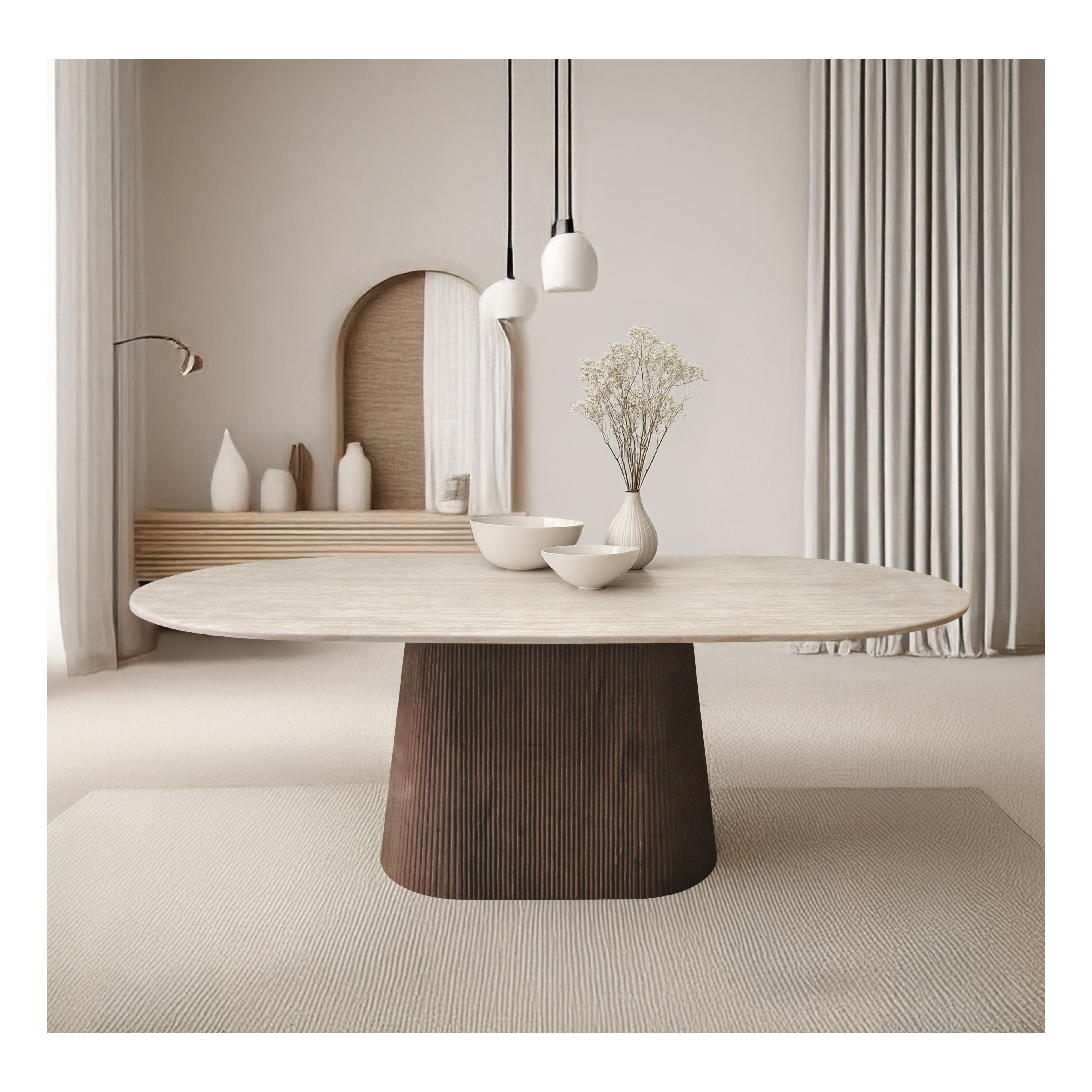 Shiloh Travertine Top Dining Table - Walnut Look Base