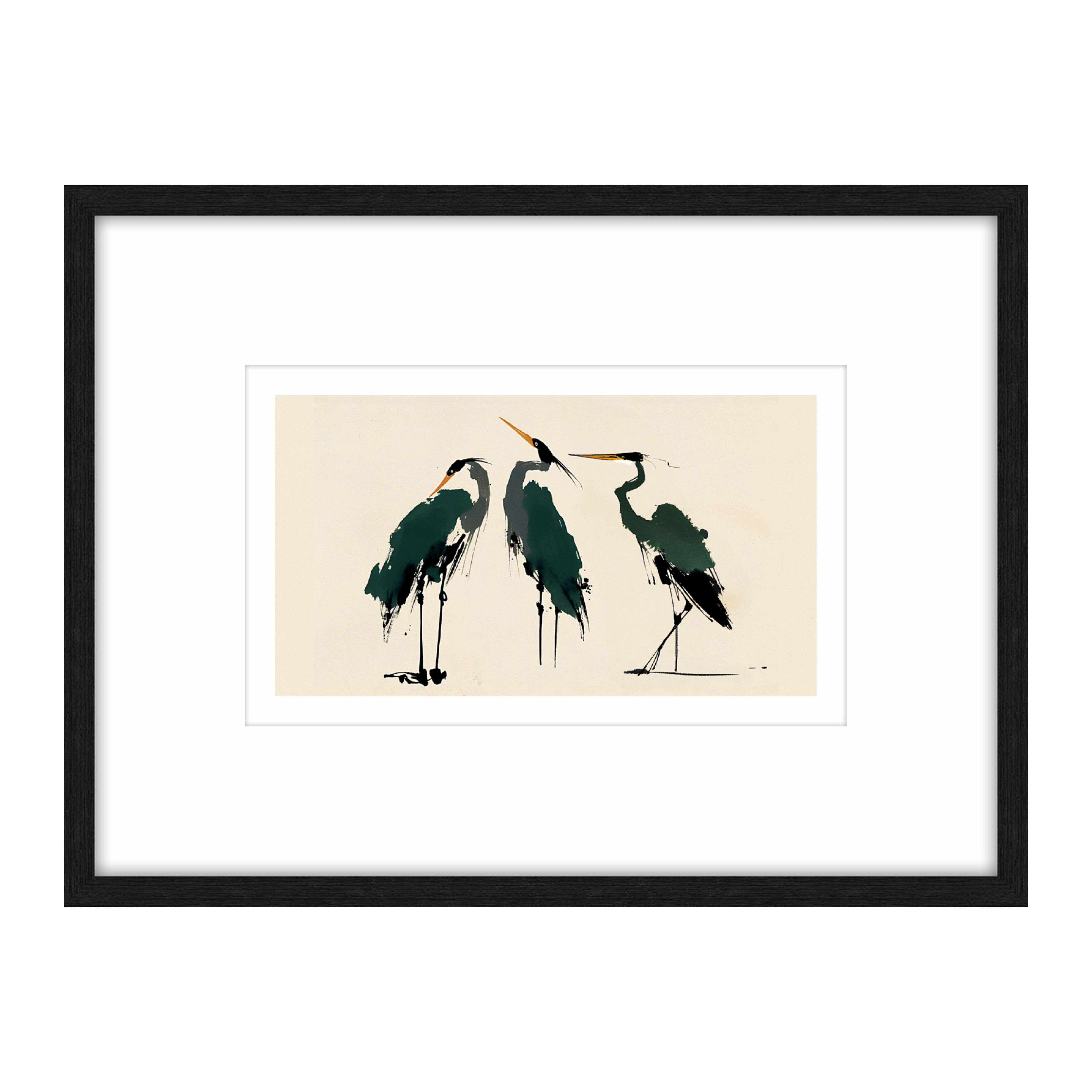 Green Herons Glass Framed Canvas - Black